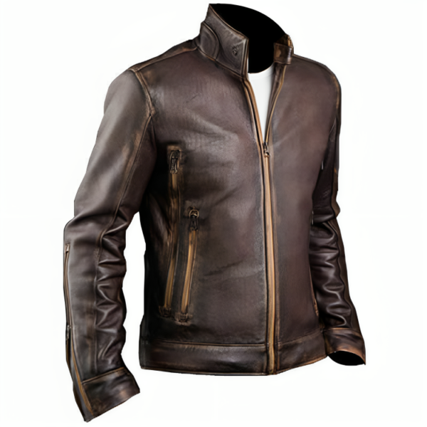 Men’s Vintage Cafe Racer Motorcycle Retro Biker Waxed Brown Leather Jacket - Image 3