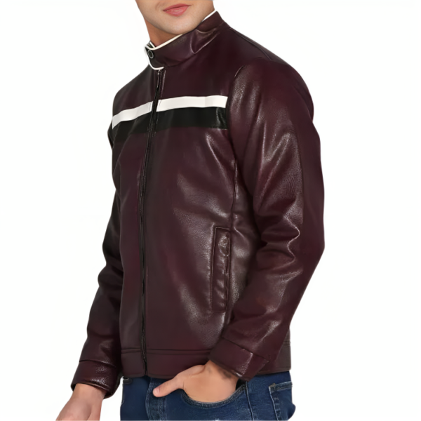 Mens Textured Classic Cafe Racer Brown Leather Jacket - Image 3