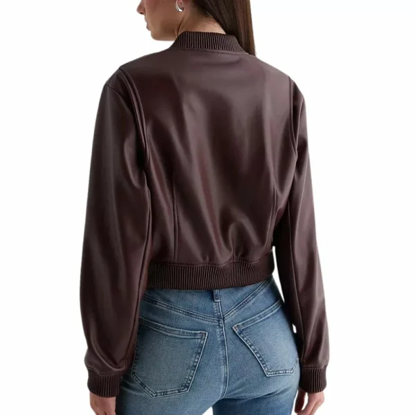 Womens Maroon Leather Bomber Jacket - Image 3