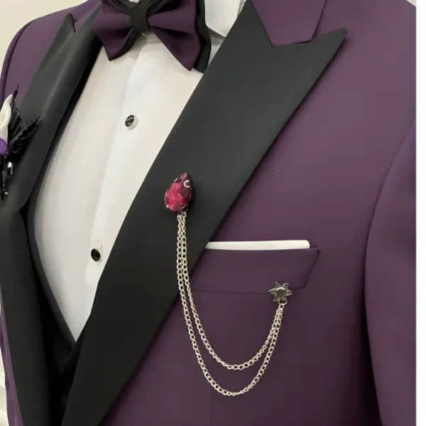 Men Three Piece Purple Wedding Suit - Image 4