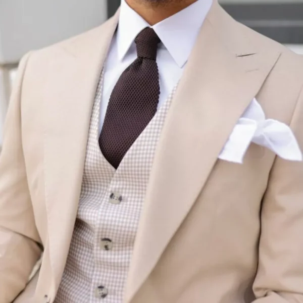 Beige Three Piece Modern Fit Suit For Men - Image 3